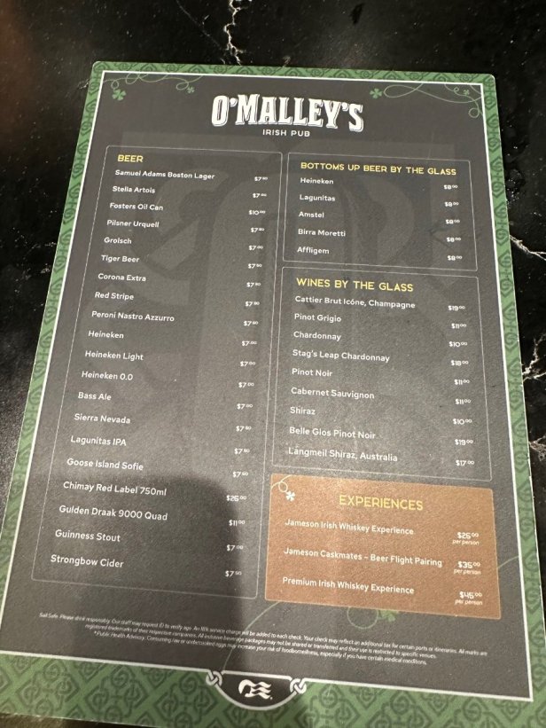 princess cruises o'malley's menu